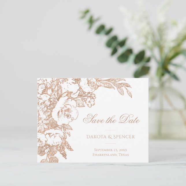 Elegant Botanical | Copper Rose Gold Event Date Announcement Postcard (Standing Front)