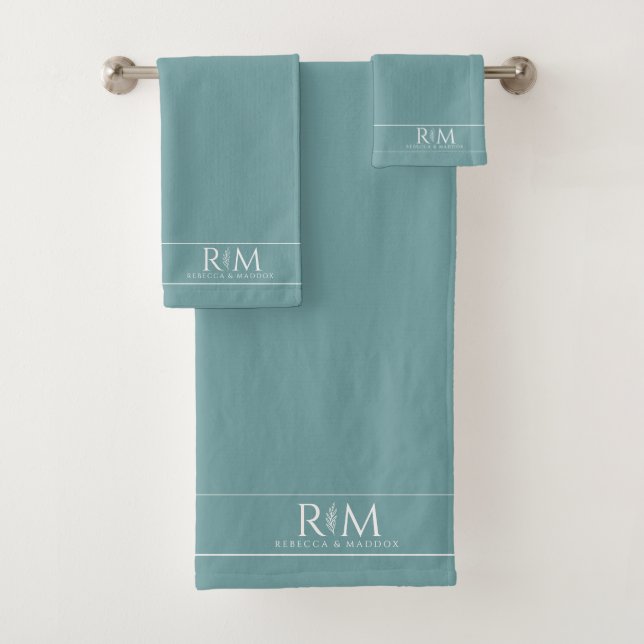 Elegant Botanical Couple's Seafoam Green Monogram Bath Towel Set (Insitu)