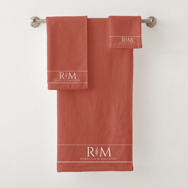 Elegant Botanical Couple's Terracotta Monogram Bath Towel Set (Insitu)
