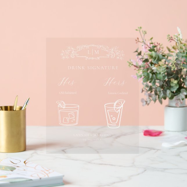 Elegant botanical crest monogram Signature Drink  Acrylic Sign (Wedding)