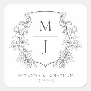 Elegant Botanical Crest Monogram Wedding Square Sticker