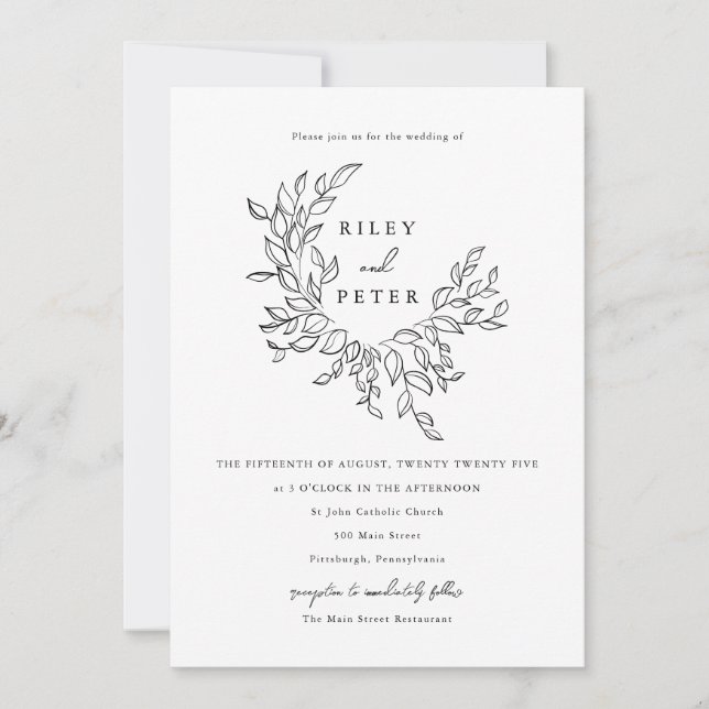 Elegant Botanical Crest Pretty Script Wedding Invitation (Front)