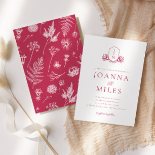Elegant Botanical Crest Viva Magenta Monogram Invitation
