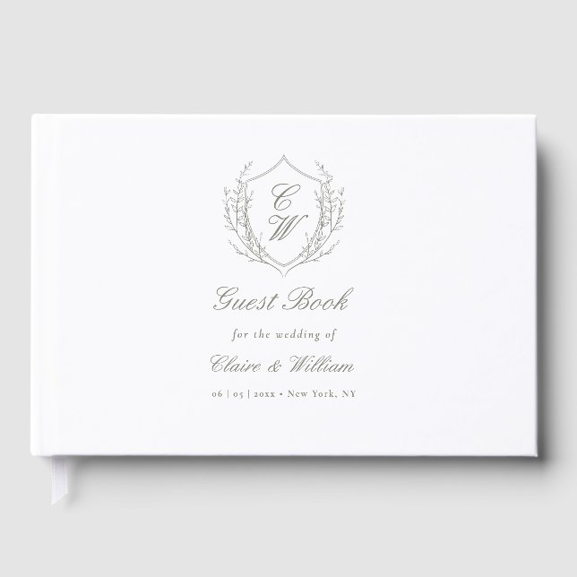Elegant Botanical Crest Wreath Wedding Guest Book (Front)