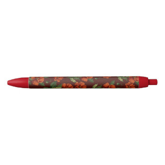 Elegant Botanical Crimson Poppies Black Ink Pen