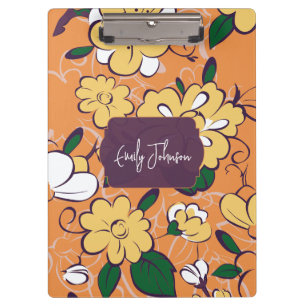 Elegant Botanical Custom Name Orange White Floral Clipboard