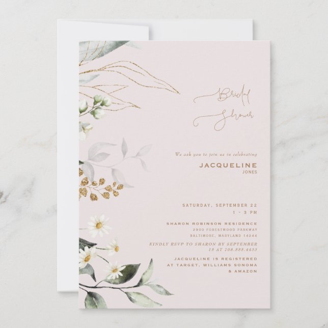 Elegant Botanical Daisy Blush Bridal Shower Invitation (Front)