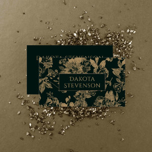 Elegant Botanical Dark Green and Gold Floral Business Card
