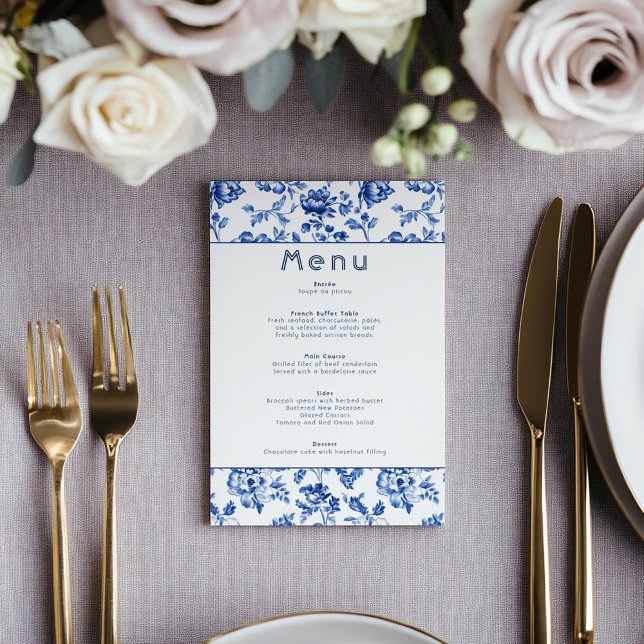 Elegant botanical delftware blue and white menu (Elegant deep blue delftware style botanical menu, classic and timeless celebration border.)