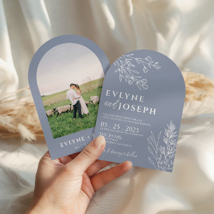 Elegant Botanical Dusty Blue Boho Arched Wedding Invitation