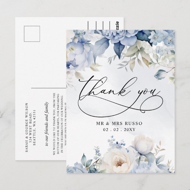 Elegant Botanical Dusty Blue Floral Thank You Postcard (Front/Back)