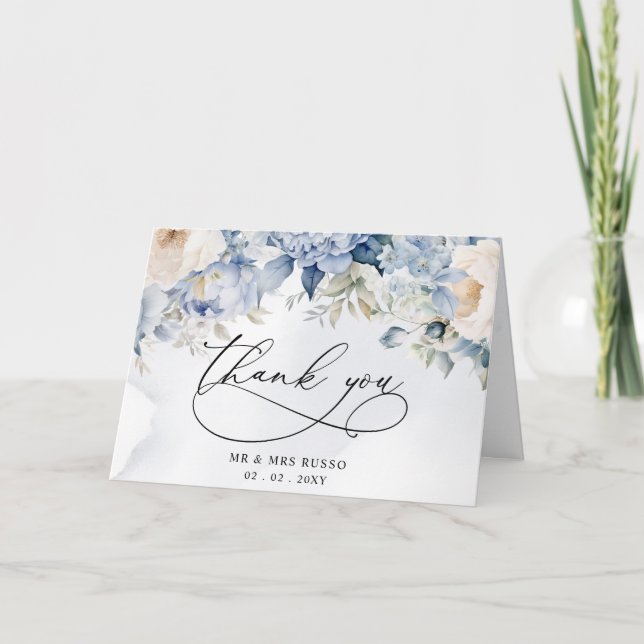  Elegant Botanical Dusty Blue Floral Wedding Thank You Card (Front)