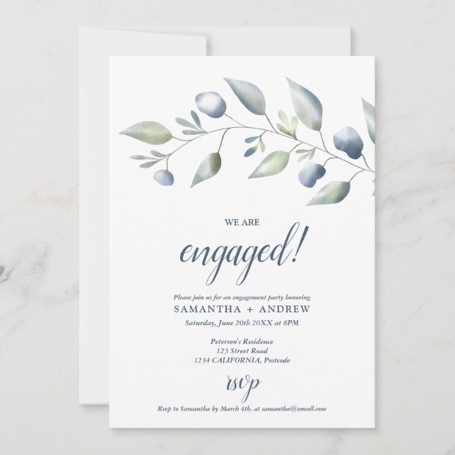 Elegant botanical dusty blue foliage engagement announcement (Front)
