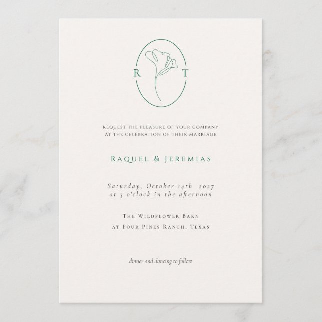 Elegant Botanical Emerald Monogram Wedding Invitation (Front)