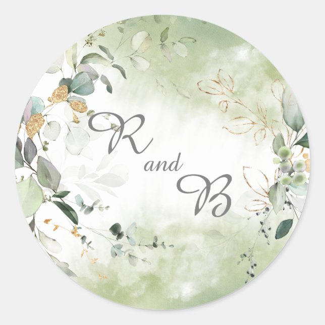 Elegant Botanical Eucalyptus Greenery Monogram Classic Round Sticker (Front)