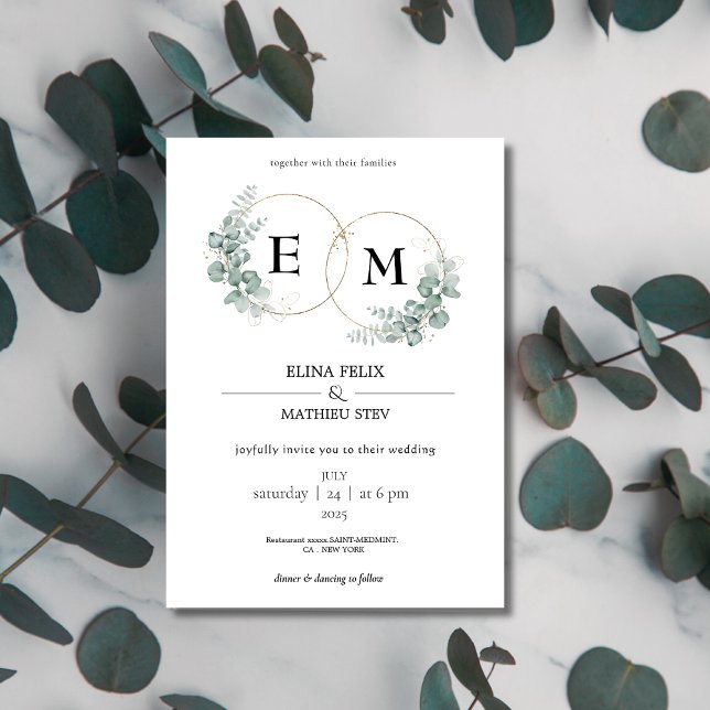 Elegant botanical Eucalyptus Monogram Wedding  Invitation (Creator Uploaded)