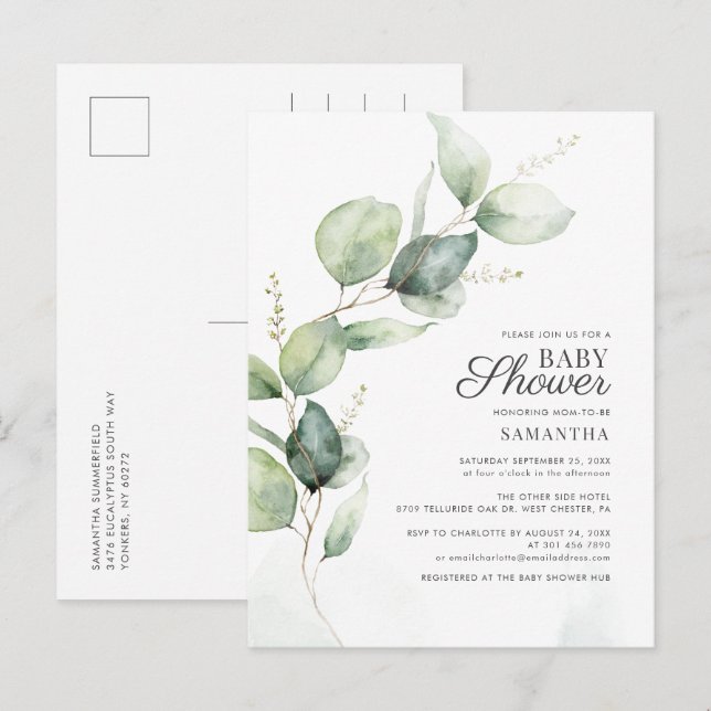 Elegant Botanical Eucalyptus Sunflower Baby Shower Invitation Postcard (Front/Back)