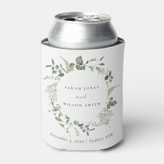 Elegant Botanical Eucalyptus Watercolor Wedding Can Cooler (Can Front)