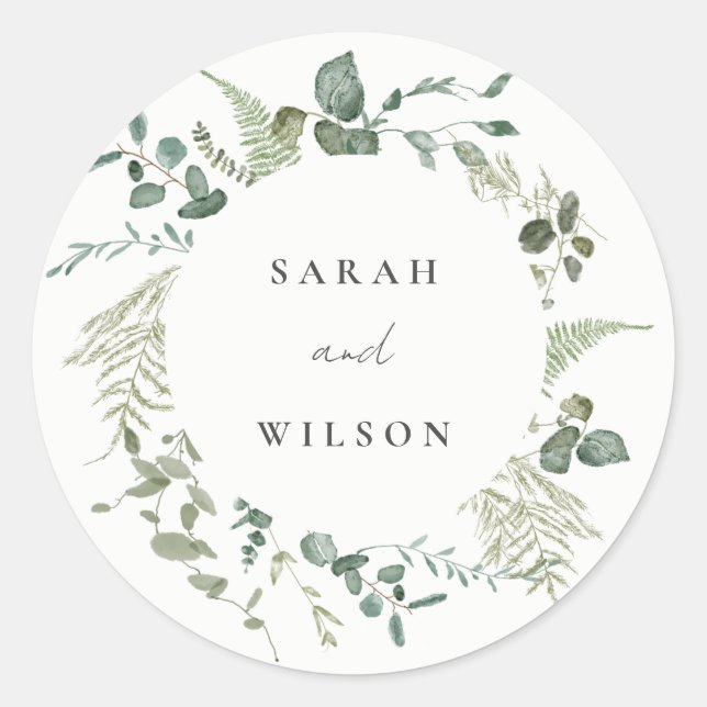 Elegant Botanical Eucalyptus Watercolor Wedding Classic Round Sticker (Front)