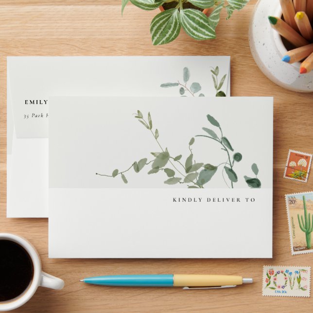 Elegant Botanical Eucalyptus Watercolor Wedding Envelope (Desk)