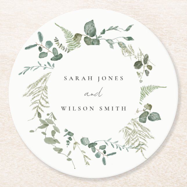 Elegant Botanical Eucalyptus Watercolor Wedding Round Paper Coaster (Front)