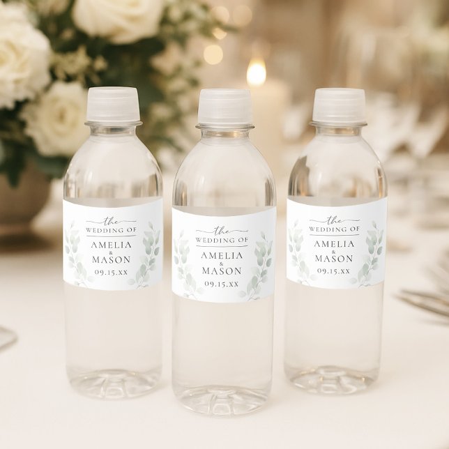 Elegant Botanical  Eucalyptus Wedding  Water Bottle Label (Elegant Botanical Eucalyptus Wedding Water Bottle Label)