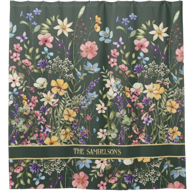 Elegant Botanical Flora on Sage Green Shower Curtain (Front)