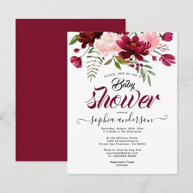 Elegant Botanical Floral Burgundy baby shower Girl Invitation (Front/Back)