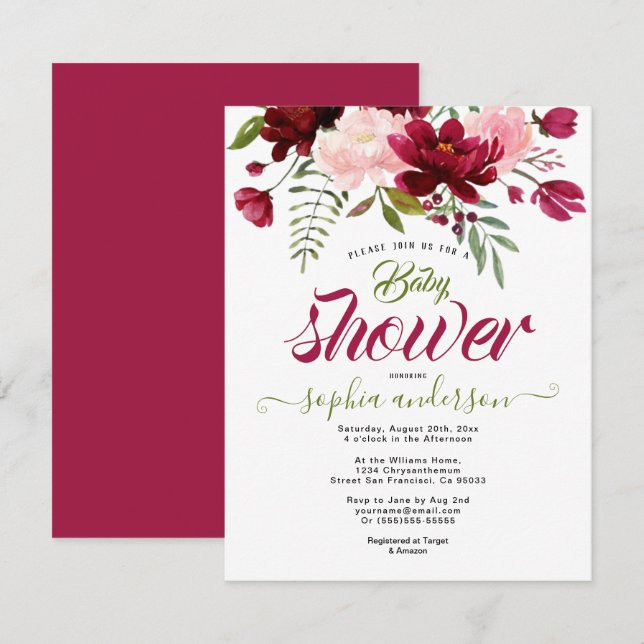 Elegant Botanical Floral Burgundy baby shower Girl Invitation (Front/Back)