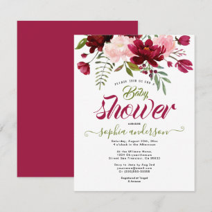 Elegant Botanical Floral Burgundy baby shower Girl Invitation