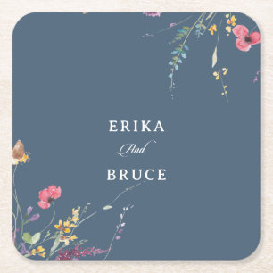 Elegant Botanical Floral Calligraphy Wedding Square Paper Coaster