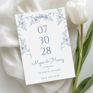 Elegant Botanical Floral Dusty Blue Wedding Save The Date