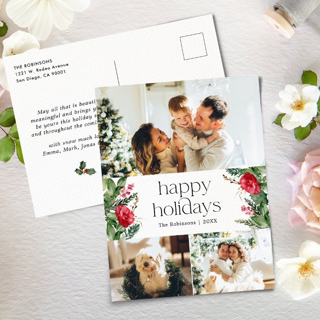 Elegant Botanical Floral Greenery 3 Photo Holiday Postcard (Creator Uploaded)
