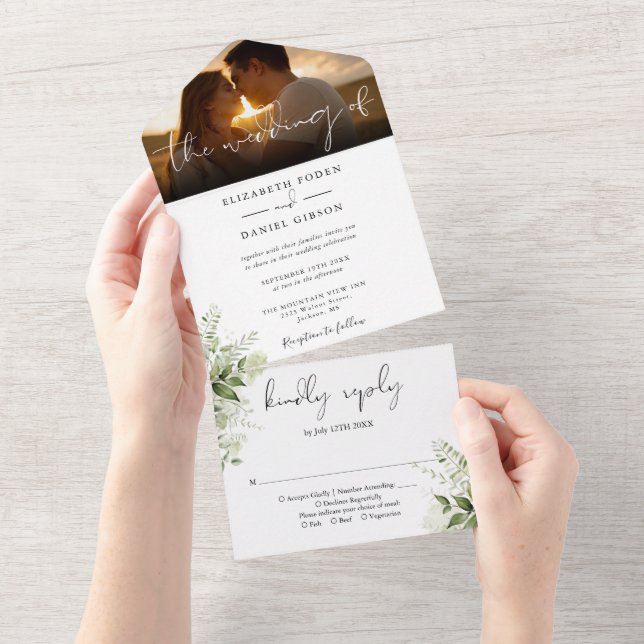 Elegant Botanical Floral Greenery Wedding Photo All In One Invitation (Tearaway)