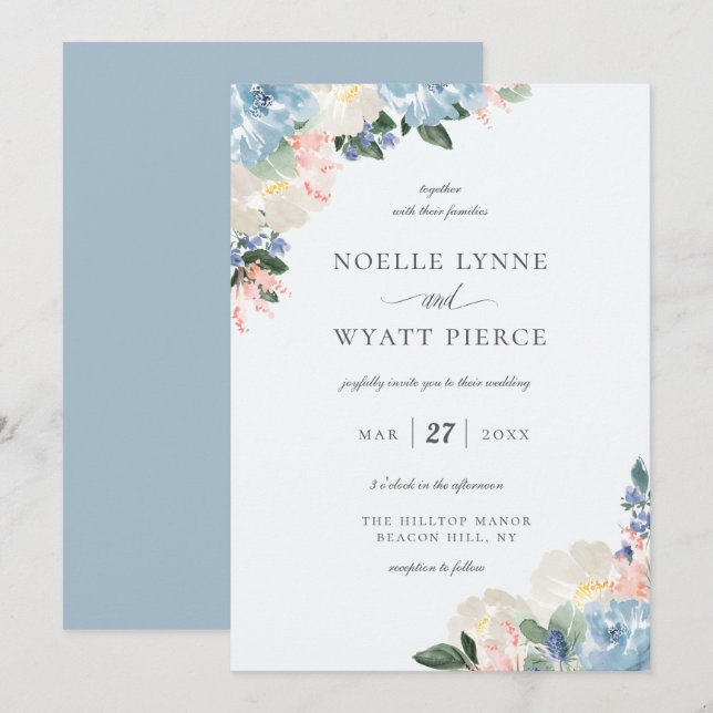 Elegant Botanical Floral Light Blue Wedding Invitation (Front/Back)