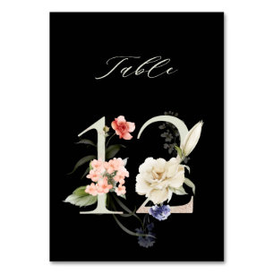 Elegant Botanical Floral Number 12, Black Table Number