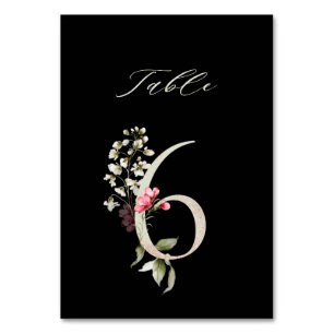 Elegant Botanical Floral Number 6, Black Table Number