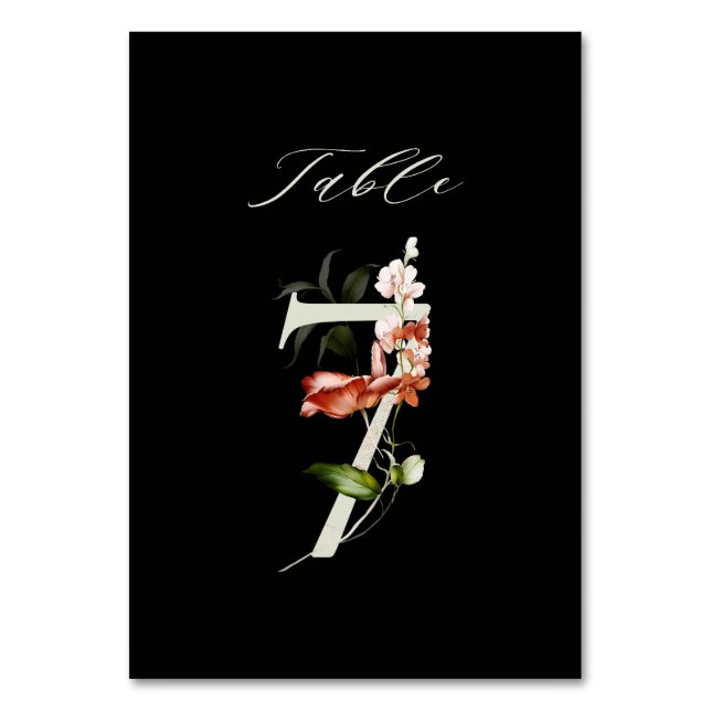 Elegant Botanical Floral Number 7, Black Table Number (Front)