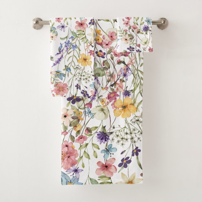 Elegant Botanical Floral On A White Background Bath Towel Set (Insitu)