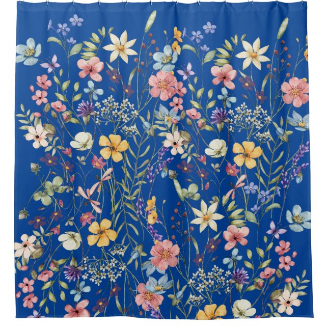 Elegant Botanical Floral On Cobalt Blue Shower Curtain (Front)