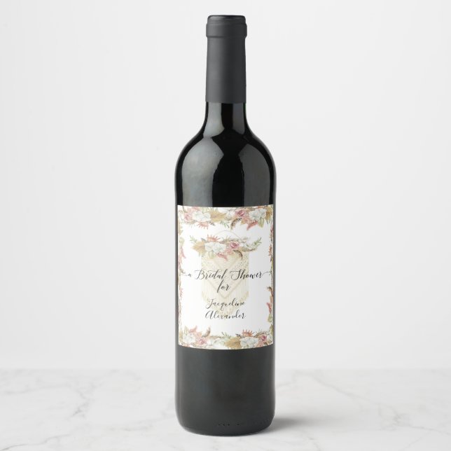Elegant Botanical Floral Pampas Greenery Bridal Wine Label (Front)