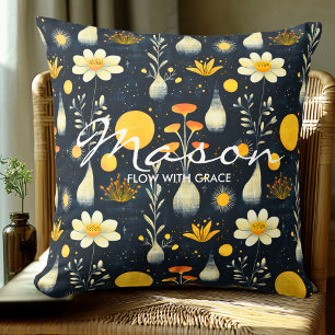 Elegant Botanical Floral Pattern in Navy Yellow Cushion