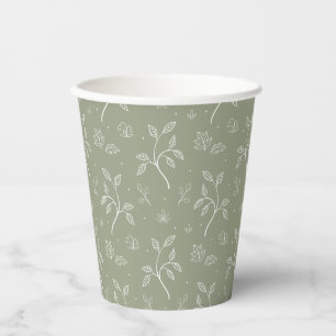 Elegant Botanical Floral Pattern in Olive Green Paper Cups
