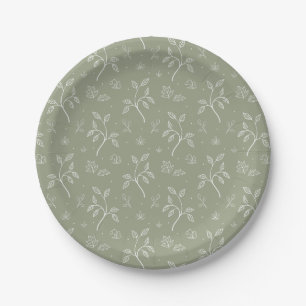 Elegant Botanical Floral Pattern in Olive Green Paper Plate