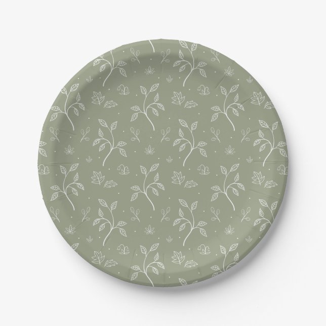 Elegant Botanical Floral Pattern in Olive Green Paper Plate (Front)