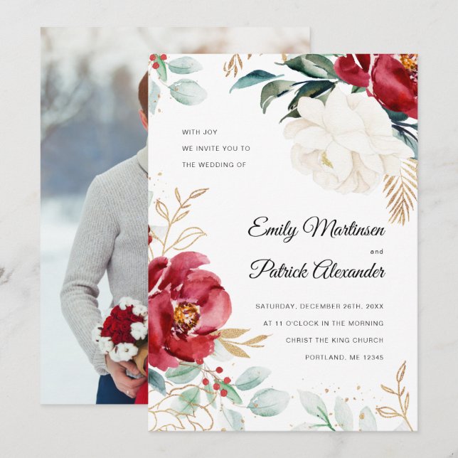 Elegant Botanical Floral Photo Christmas Wedding  Invitation (Front/Back)