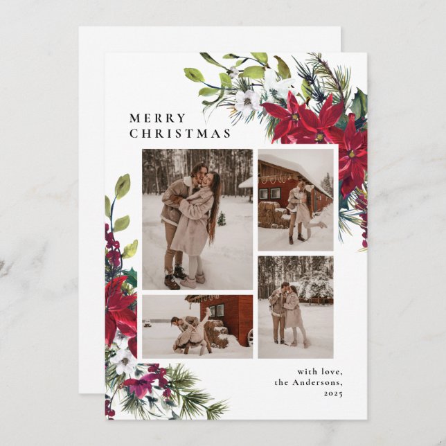Elegant Botanical Floral Photo Collage Christmas Holiday Card (Front/Back)