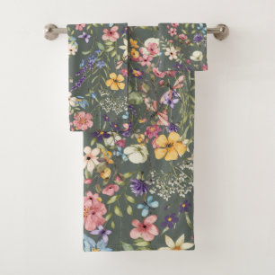 Elegant Botanical Floral Sage Green Background Bath Towel Set
