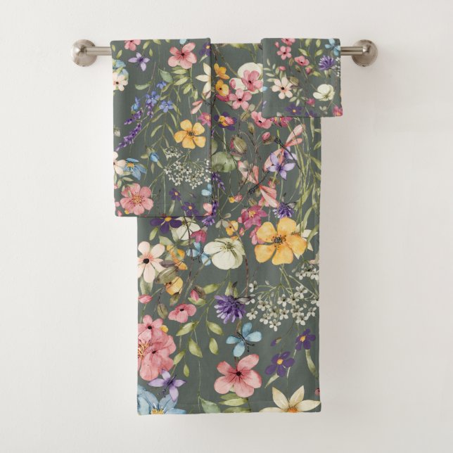 Elegant Botanical Floral Sage Green Background Bath Towel Set (Insitu)