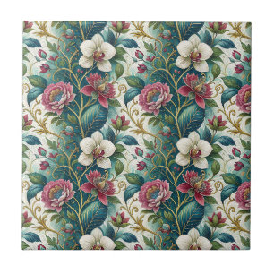 Elegant Botanical Floral Swirl Flowers Pattern Art Tile